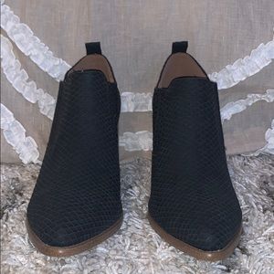 Textured black leather heeled booties, never worn